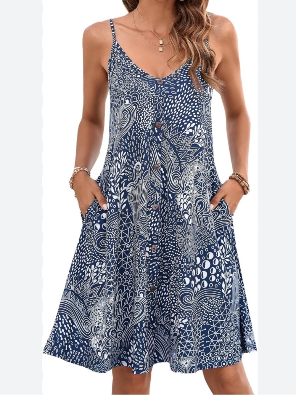 Navy & White Printed Spaghetti Strap Sundress Emmain medium dress NEW pockets